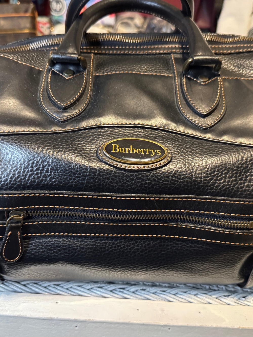 Burberry Black Leather Travel Duffel with Contrast Stitching